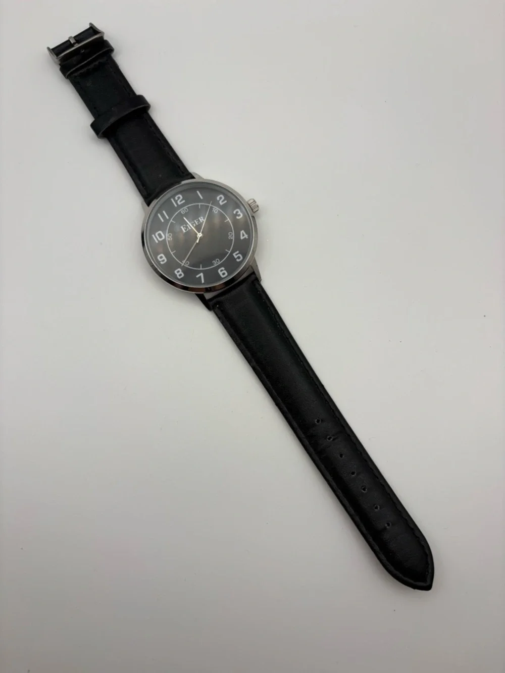 Eiger Classic Black Leather Strap Watch with Black Dial New Battery Works!